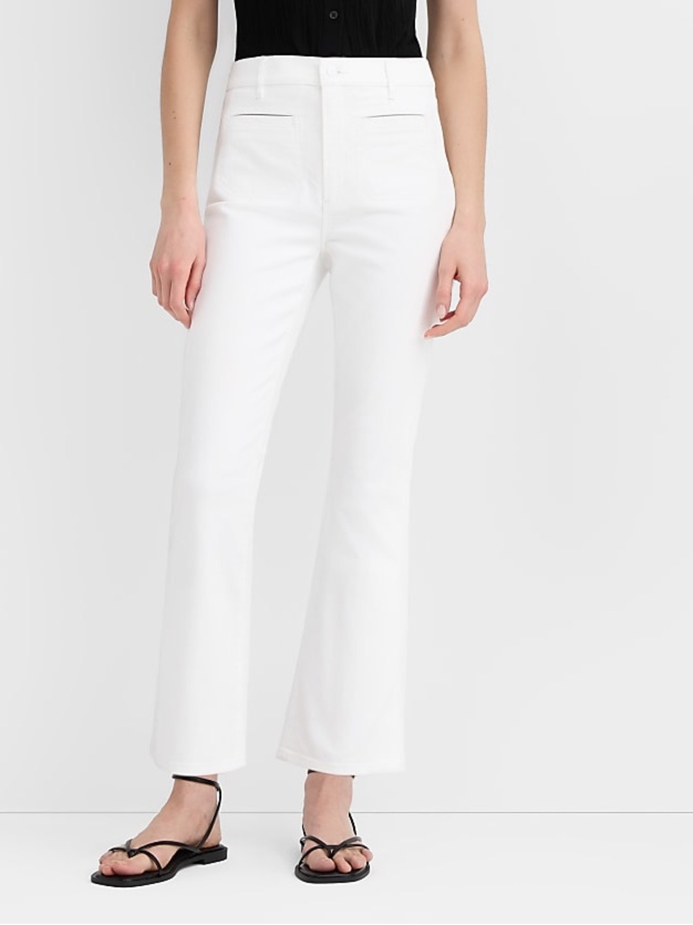 LOFT White High Rise Slim Wide Leg Crop Petite with Brown Button